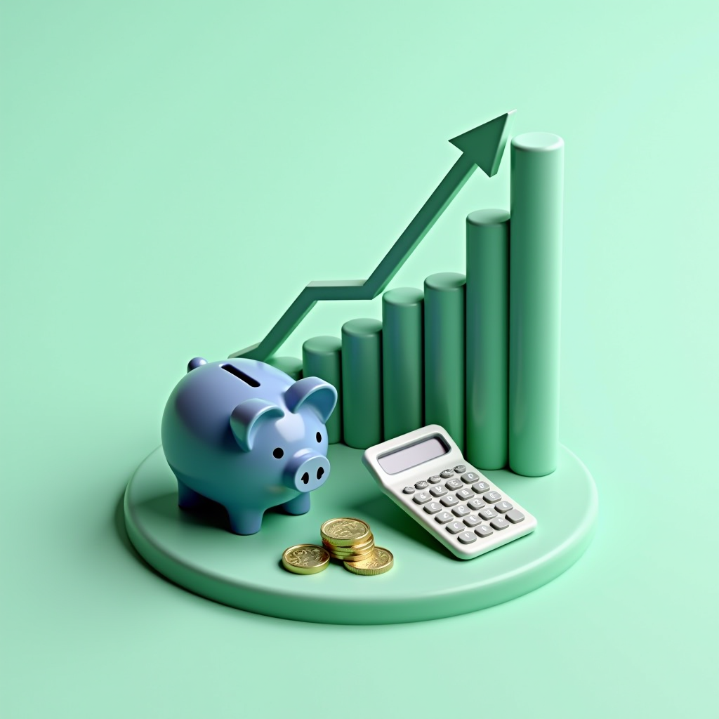 Isometric 3D illustration showing financial growth concepts with upward trending charts, piggy bank, calculator, and coins in sage green and navy blue color scheme representing savings strategies and wealth building