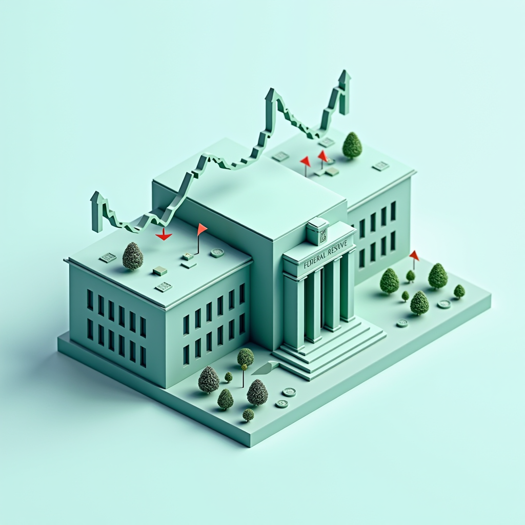 Isometric 3D illustration of the Federal Reserve building with financial charts, interest rate arrows, and banking symbols in navy blue and sage green colors, representing monetary policy and economic indicators