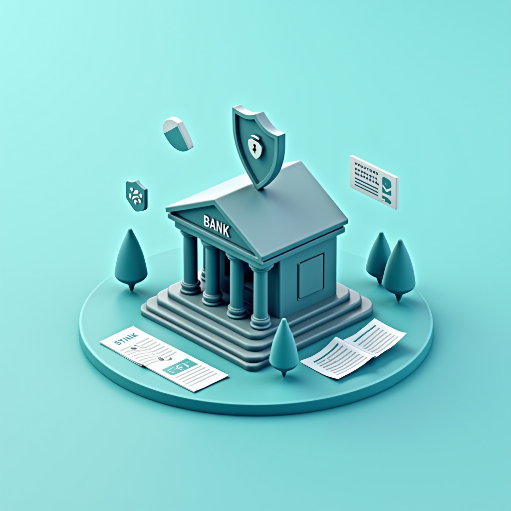 Isometric 3D illustration showing a shield protecting a bank building with digital security elements, financial documents, and consumer protection symbols in navy blue and sage green colors