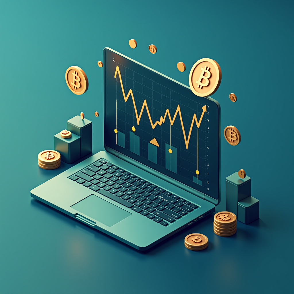 Isometric 3D illustration showing cryptocurrency market charts with upward and downward trends, digital coins floating above analytical graphs, and risk management symbols like shields and balance scales, rendered in deep navy blue and sage green color scheme