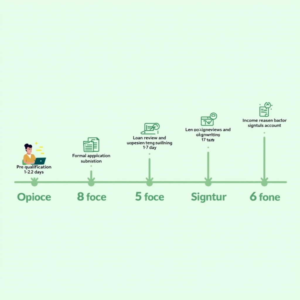 Infographic showing the personal loan application process timeline with five stages: 1) Pre-qualification and rate shopping (1-2 days) showing a person comparing offers on a laptop, 2) Formal application submission (30 minutes) with document icons for income verification and ID, 3) Lender review and underwriting (1-7 days) depicted with magnifying glass over credit report, 4) Loan approval and agreement signing (1 day) showing digital signature on contract, 5) Fund disbursement (1-5 business days) illustrated with money transfer to bank account. Each stage connected by arrows in sage green color scheme with timeline markers below.