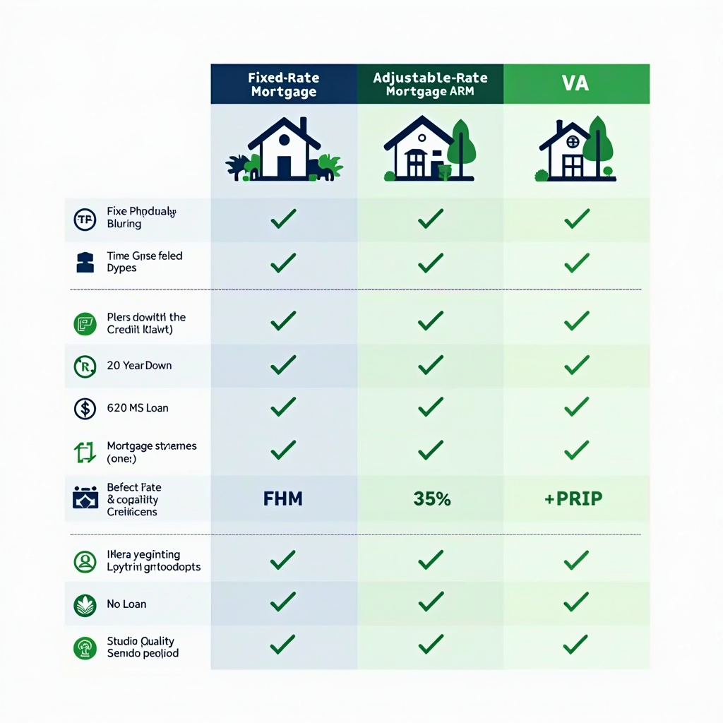 Comprehensive comparison chart showing four mortgage types side by side: Fixed-Rate Mortgage, Adjustable-Rate Mortgage (ARM), FHA Loan, and VA Loan. The chart displays key features including interest rate structure, down payment requirements, credit score minimums, mortgage insurance requirements, and ideal borrower profiles. Fixed-rate shows 30-year stability with 20% down and 620+ credit score. ARM displays lower initial rates with adjustment periods. FHA shows 3.5% down minimum with 580+ credit score and MIP requirement. VA loan highlights 0% down payment option with no PMI for eligible veterans. Chart uses clean infographic design with icons and color-coded sections in navy blue, sage green, and white color scheme.