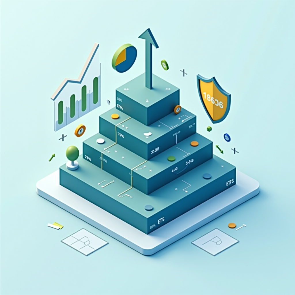 Isometric 3D illustration showing portfolio diversification concept with multiple asset classes represented as interconnected building blocks in navy blue and sage green colors. The diagram displays different investment categories including stocks, bonds, ETFs, and mutual funds arranged in a balanced pyramid structure, with percentage allocations shown for each category. Visual elements include upward trending arrows, pie charts, and protective shield symbols representing risk management and wealth building strategies.