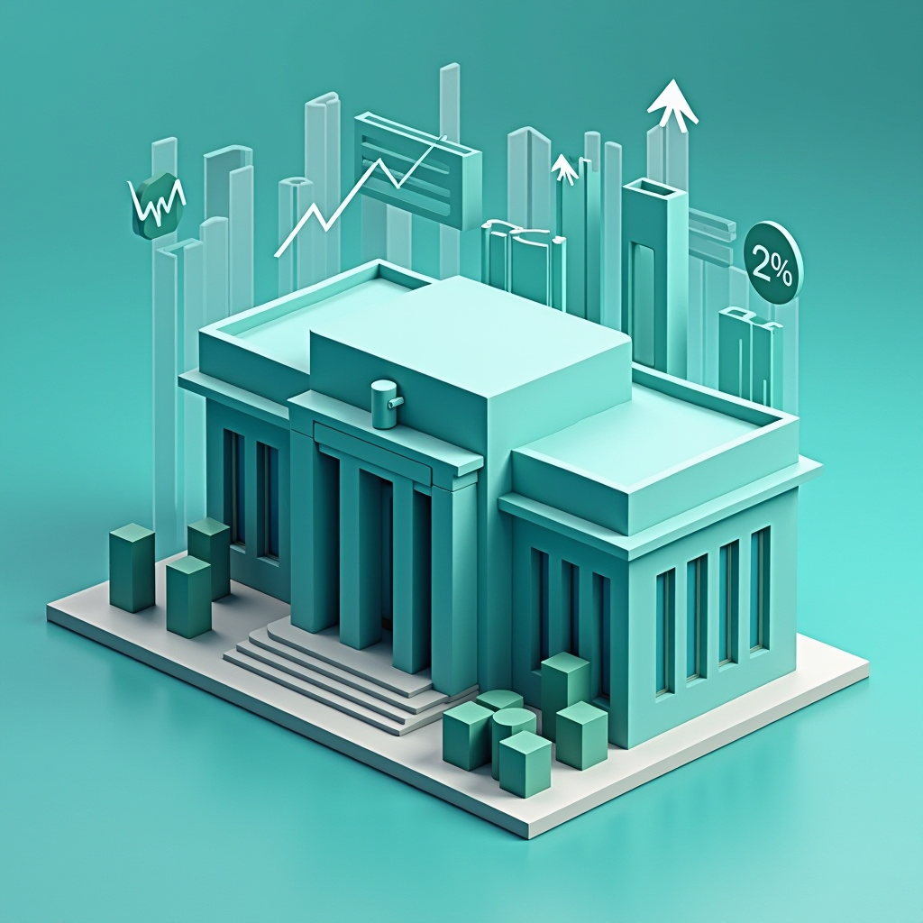 Isometric 3D illustration of Federal Reserve building with interest rate percentage symbols and directional arrows showing rate adjustments, financial charts in background, professional navy blue and sage green color scheme