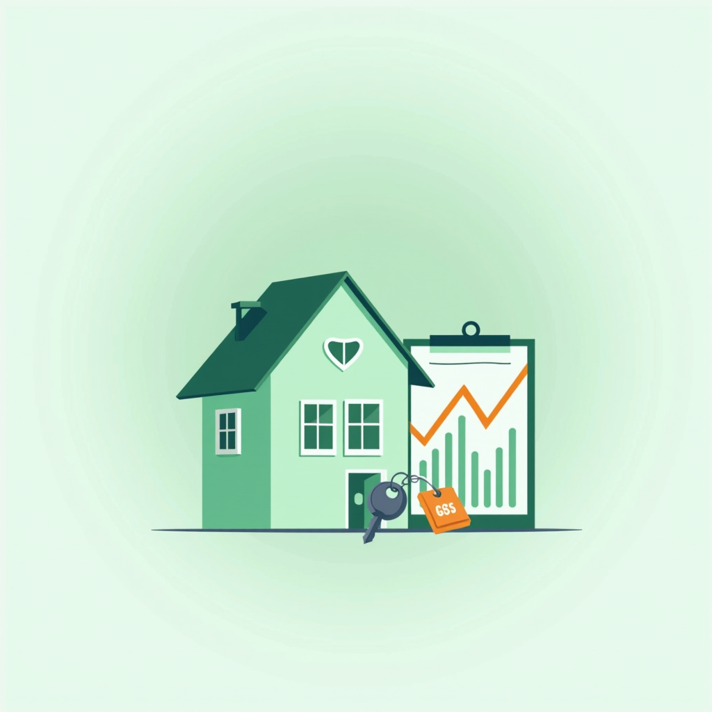 Flat vector illustration of a house with mortgage documents, keys, and financial charts in sage green and navy blue color scheme representing home financing