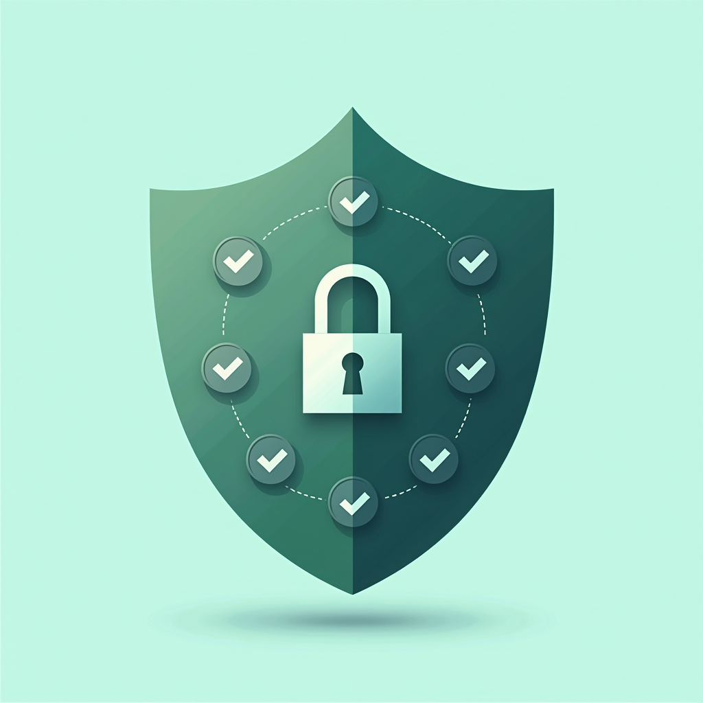 Flat vector illustration of a protective shield with banking security symbols, fraud protection icons, and transparency checkmarks, sage green and navy blue color palette, modern minimalist design