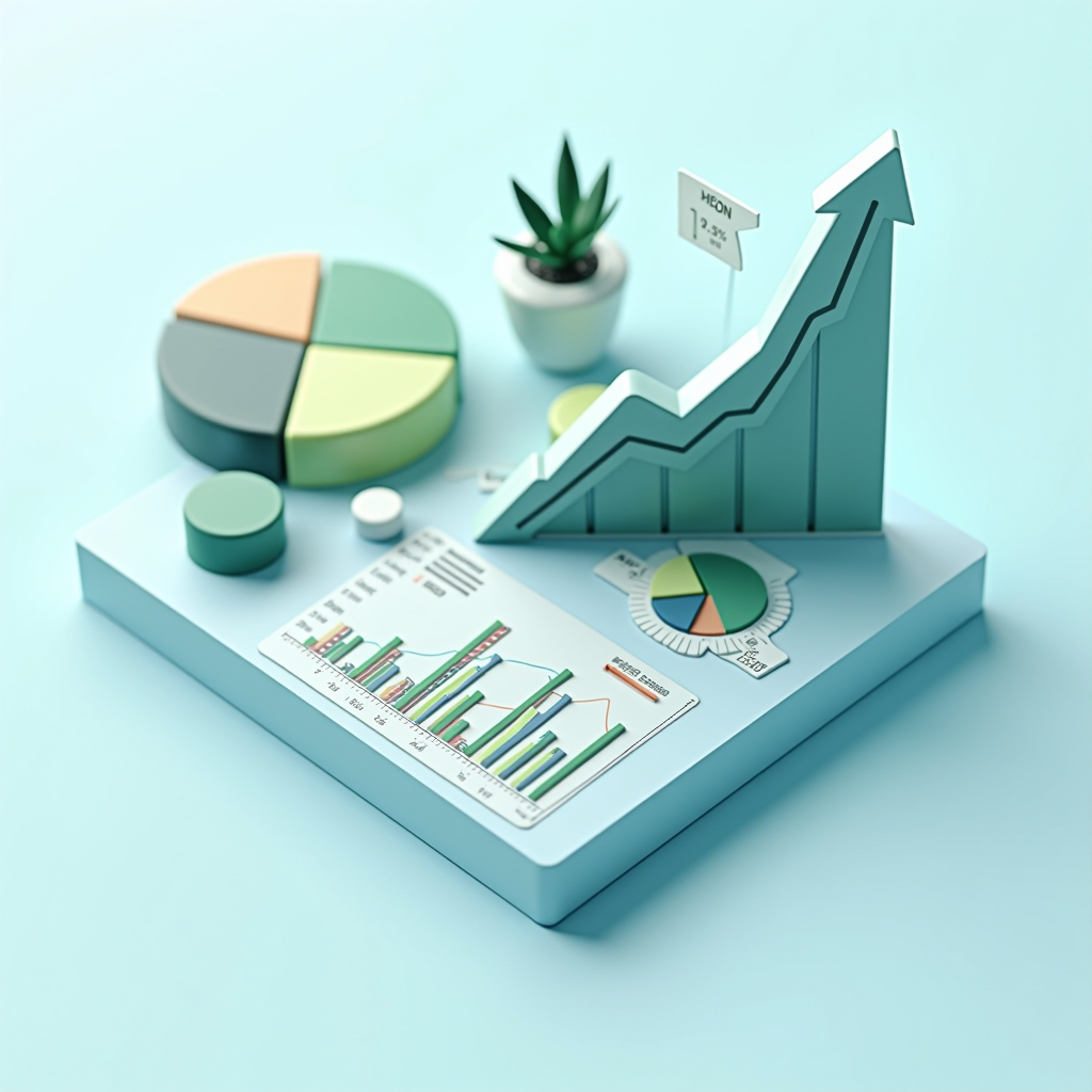 Isometric 3D illustration showing investment portfolio diversification with pie charts, stock market graphs, and growth arrows in professional navy and sage color palette