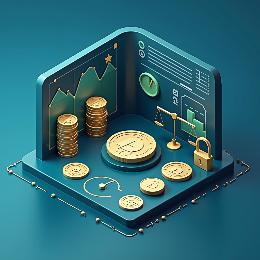 Isometric 3D illustration of cryptocurrency coins and digital wallet with risk management scales, diversification pie charts, and security locks, professional navy blue background with sage green accents
