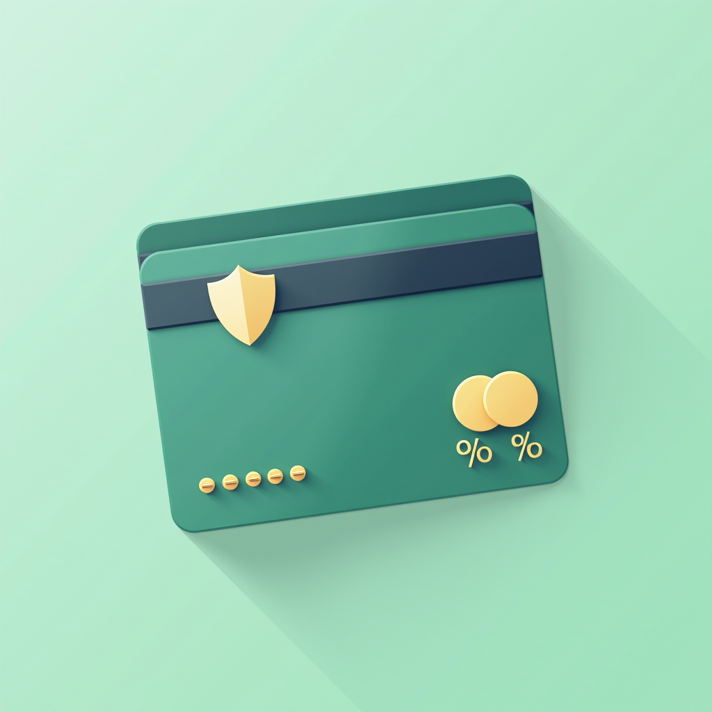 Flat vector illustration of credit cards with security shield, percentage symbols, and reward points icons in calming sage green and navy blue colors