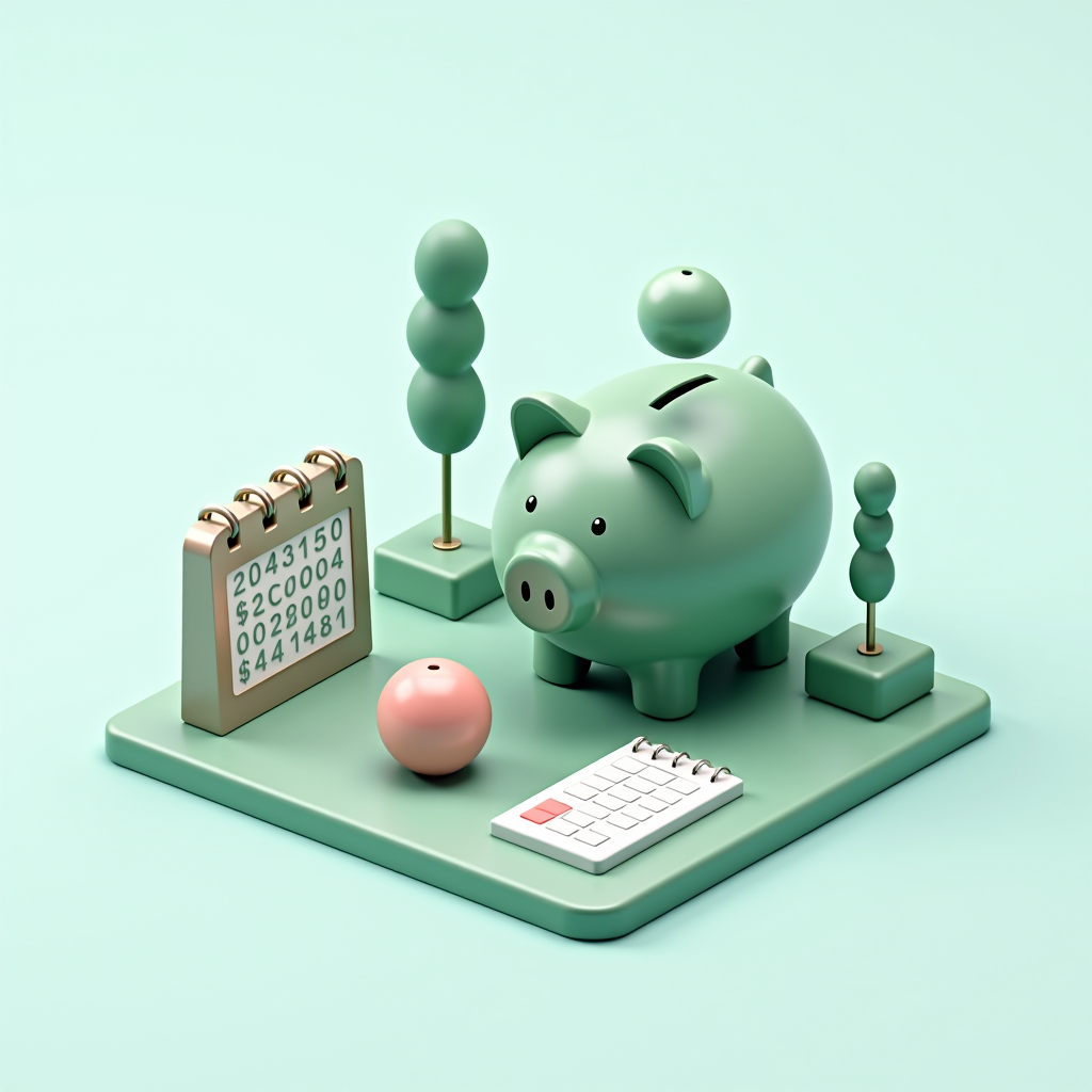 Isometric 3D illustration showing retirement planning concept with piggy bank, calendar, compound interest growth chart, and 401k symbols in professional navy and sage green palette